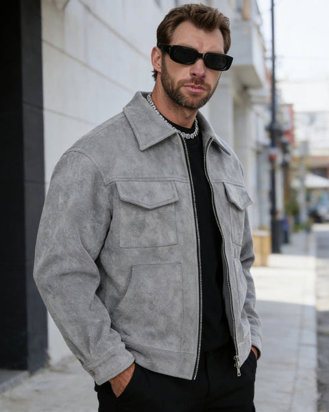 Veste en daim pour homme avec revers et fermeture �clair - NUTRYS